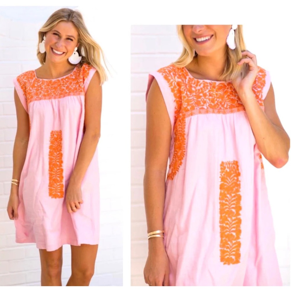 Pink Mini Dress with Orange Embroidered Yoke